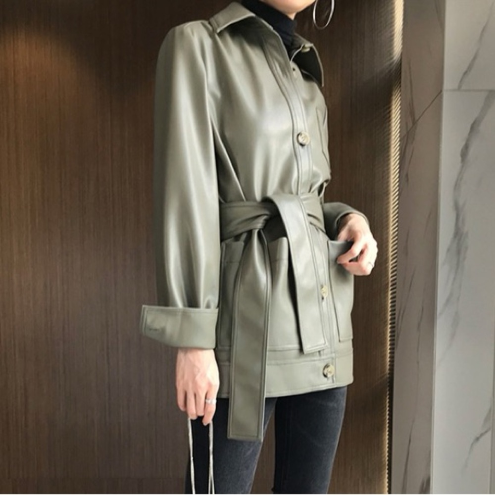 (Free Gift with $160+Purchase) NWOT Gray-Green Faux Leather Shirt Jacket